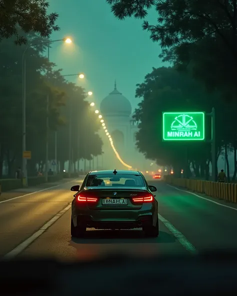 On Indian white  pole, yellow light turning big highway dark-green BMW running write 'MINRAH AI' clearly on number plate, car inside view , horror Indian road , taj mahal in background,yellow side poles, big deep trees around the road , close to camera, le...