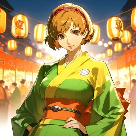 Chie Satonaka, Persona 3, Persona, HD, narrow waist, flat stomach, wearing green and yellow kimono, at festival,