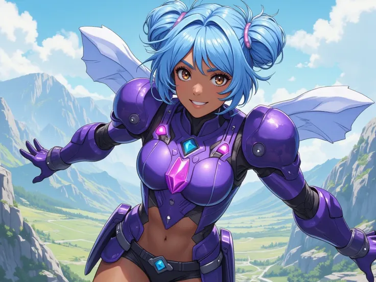 in an anime style illustrate a woman with dark skin and light vibrant blue hair, her hair is short and bouncy with her bangs swept to one side, she has detailed brown eyes. She wears shiny purple mecha armor with a bright purple gem embedded in the breast ...