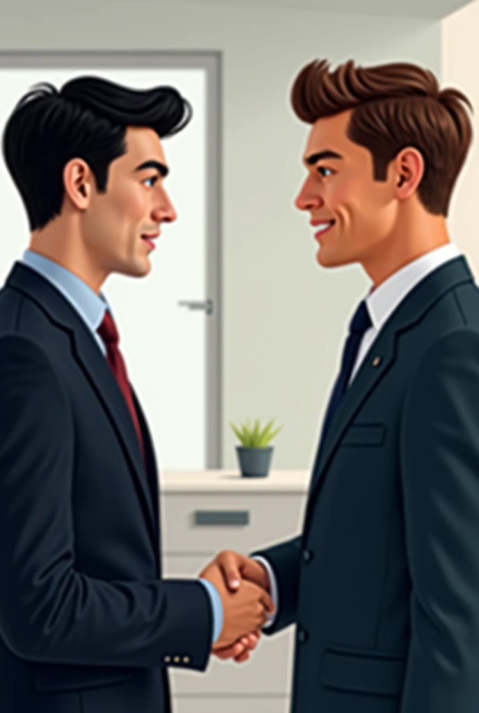 An image where a young man with white skin or black hair is shaking hands with a young man with brown hair and brown skin