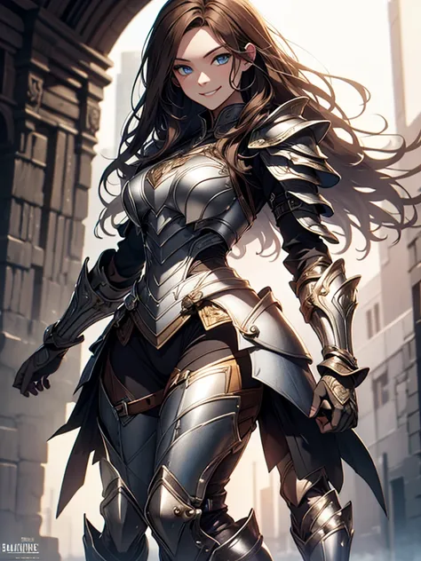 A young woman alone .  height 1,75. 24 years old.  full body.  brown hair, short. Lightweight fighting armor in silver color,  silver armor .  blue eyes.  detailed eyes.  smiling.