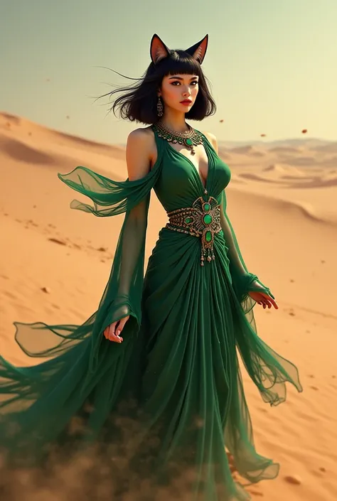 A beautiful Japanese Egyptian queen, with cat ears, black short hair, chubby body, wearing a dark green Egyptian dress, esmerald neckless, in the middle of a sand storm in the desert 