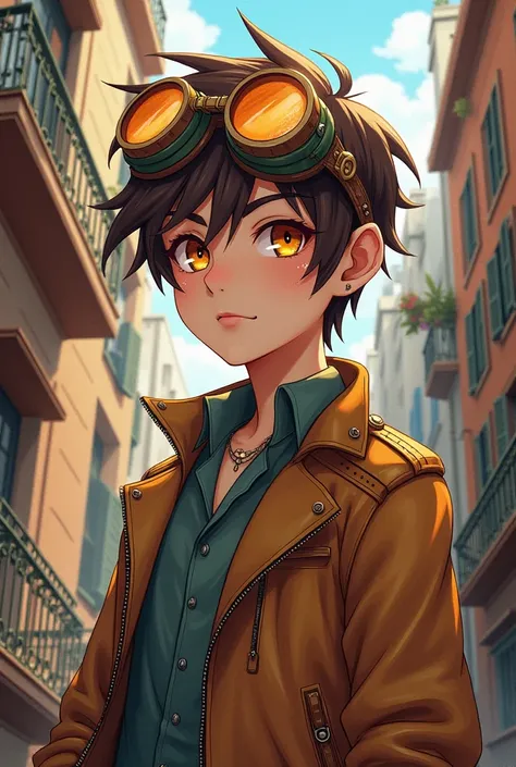 A 22-year-old young inventor, with Steampunk style goggles,  brown hair,  light leather balcony, a scar underneath the eye and orange eyes

Preferably do it in anime style But hey