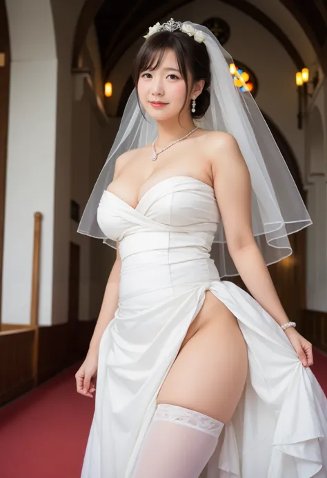  Masterpiece, 16k,  RAW photos ,  score_9_  up,  score_8_  up,  score_7_ up, ( Beautiful Japanese Milf , 45-year-old woman, Middle-aged body type),  nasolabial fold,  clean skin,  brown hair,  White Wedding Dress ,  Sexy Wedding Dress with Deep Slit,  wedd...