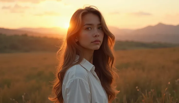 (photorealism:1.2),  "A young woman with long, flowing hair standing in an open landscape during twilight, wearing a white shirt. She looks over her shoulder with a subtle, thoughtful expression as the soft light of the setting sun casts a warm glow on her...