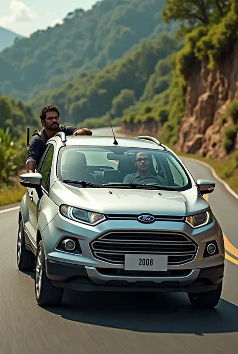  a white man of indigenous Coke Samurai ethnicity wearing dark glasses, driving a silver Ford Ecosporte car from the year 2008 , with ren in the back seat 