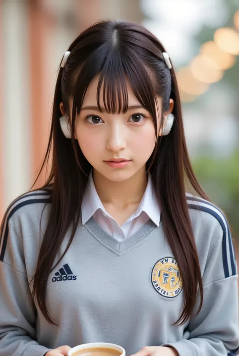 At a coffee shop , With her light brown hair in a ponytail 、 is wearing headphones .  she only wears a long-sleeved gray Adidas jersey