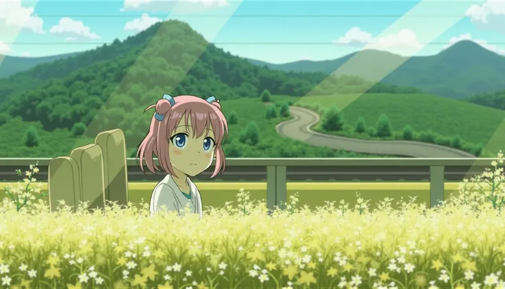 Makoto Shinkai,Makoto Shinkai's style,Teenage Girl, Japanese, sitting on a train, Ghibli style ,  and looks out of the window、 Pink Haired Girl 、 blue eyes、 twin drill