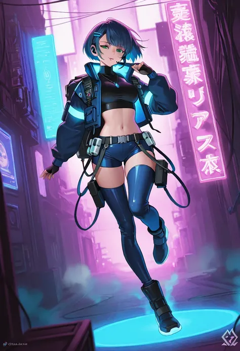 1girl, short hair, dark blue hair, green eyes, cap, gamer, thicc, medium breasts, full body, concept design, futuristic, neon accents, headset, gaming accessories, stylish, casual outfit, cyberpunk elements, energetic pose, dynamic lighting, detailed backg...