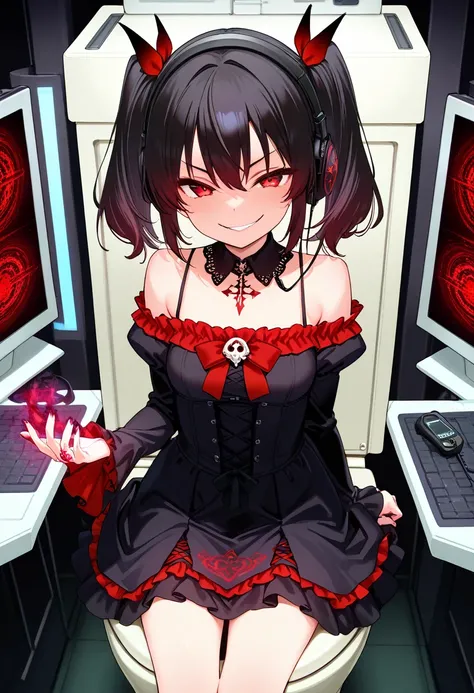 score_9,score_8_up,score_7_up,rating_safety,source_manga,masterpiece,best quality,hyper detailed,super fine illustration,8k,cowboy shot,front angle,BREAK 1girl,little,14yo,(black hair,twintail),(headphone:1.1),(red eyes),(evil smile),(small breast:0.7),(go...