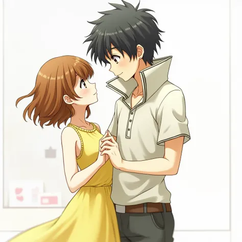 anime couple in yellow dress touching hands with each other, persona 4, persona art style, boyfriend wearing Massive Popped Collar Polo with a collar so high it's taller than his head