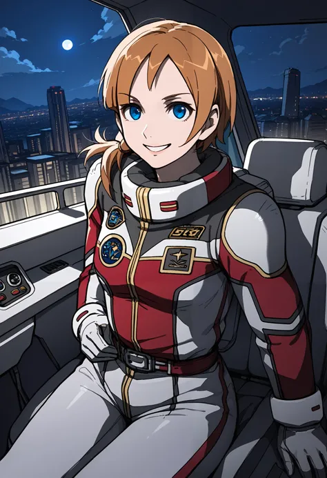 score_9, score_8_up , score_7_up ,city view, 1 female,night view, moonlight,somers, female, brown hair, blue eyes, hair with band,open-collor pilotsuit,gloves,up per body,smile、The background is cockpit 、 sitting in the cockpit、