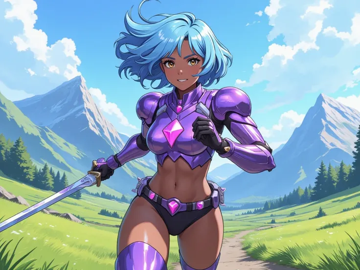 in an anime style illustrate a woman with dark skin and light vibrant blue hair, her hair is short and bouncy with her bangs swept to one side, she has detailed brown eyes. She wears shiny purple sleek mecha armor with a bright purple gem embedded in the b...