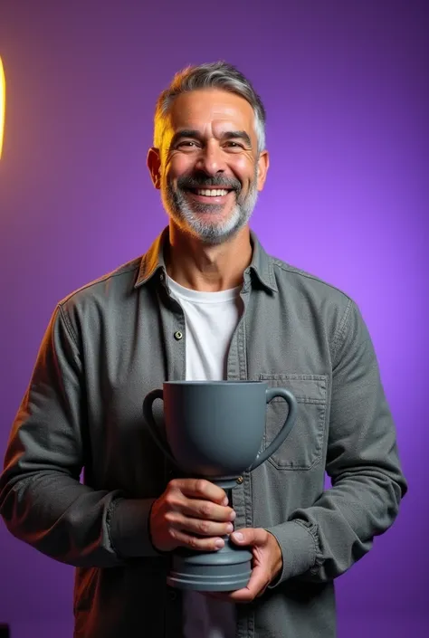 Latin man, real. With gray flannel, a matte gray 3D printed trophy cup, smiling at the camera and hands holding the trophy. Purple studio background, a yellow flash from one side. Realistic skin details, man in his 50s, short beard with gray hair, gray hai...