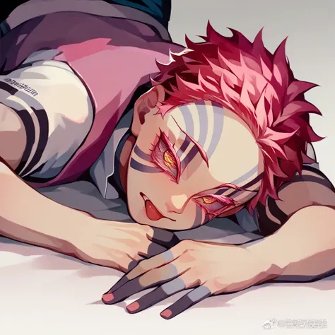 Pink haired boy lays his hands and knees and has  his tongue out