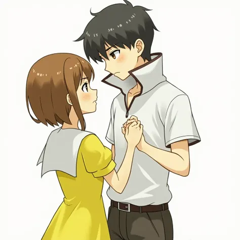 anime couple in yellow dress touching hands with each other, persona 4, persona art style, boyfriend wearing Massive Popped Collar Polo with a collar so high it's taller than his head