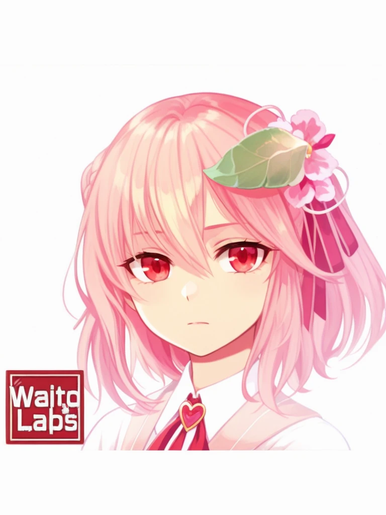  An anime girl with light pink hair ,  short and slightly wavy , with darker reflections .  She has big red eyes ,  with a serious and slightly sad expression .  She wears a large ribbon in her hair with a design of green leaves and pink flowers with white...