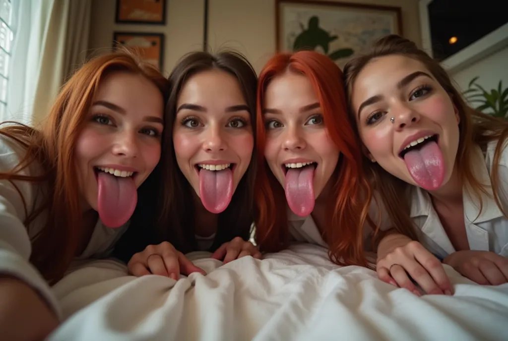 Pov selfie taken from low angle, medium shot, Four beautiful women with freckles, (mouth very wide open), long red hair in a french braid, (eyes open), wearing small tight closed blazer with no shirt or bra underneath and pleated miniskirt, kneeling on bed...