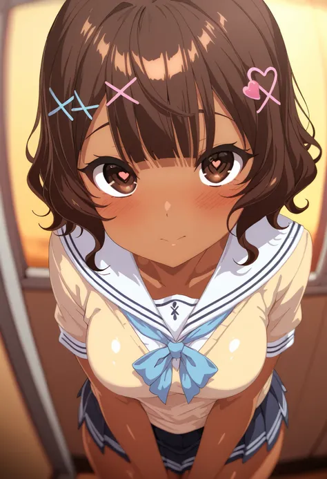 1girl, shiny hair, daek brown hair, short hair, wavy hair, straight bangs, brown eye, brown skin, x hair ornament, heart hair ornament, school girl uniform, cowboy shot