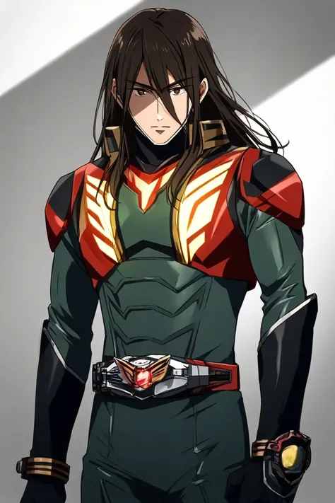 (   TOP QUALITY ), ( highest quality ), (Overall view) Handsome young man,  glowing Kamen Rider suit , 18 years old,  Tight Muscular ,  tall ,  long hair,  long bangs,