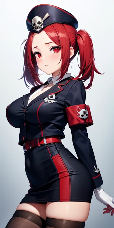  1 female, high definition, High resolution ,  ultra-realistic  ,8K, 1 girl, Alone ,  red hair,  red eyes,   twin tails,  employee uniform, Pencil skirt,  Skull print , Navy cap, fang, black clothing for the legs,  white gloves,  big breasts,European,sexy,...