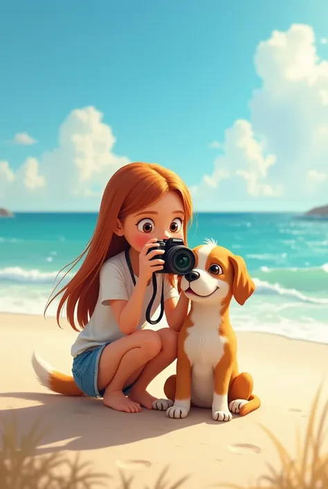 a girl with straight hair taking a picture with her dog on the beach that looks real