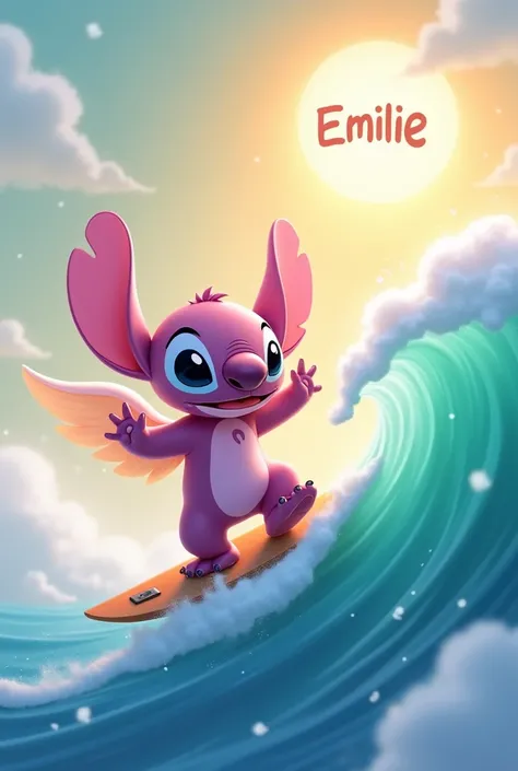 Create an image of Angel , personnage du dessin animé Stitch, qui surfe sur une vague, le personnage est rose ,  At the top right there is a nice SUN with the first name EMILIE written ,  The background is wispy with pastel colors , 