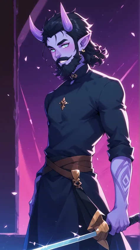 Male Bard rockstar Tiefling with purple skin,cool Tiefling horns with golden streaks, wearing adventuring gear ,character of D&D, black hair, black beard,Ojos azules, perfect eyes, purple skin,medim black hair,bigote grueso, Cabello negro, Presumido, musta...