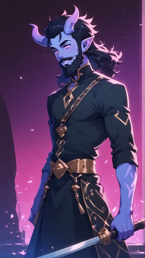 Male Bard rockstar Tiefling with purple skin,cool Tiefling horns with golden streaks, wearing adventuring gear ,character of D&D, black hair, black beard,Ojos azules, perfect eyes, purple skin,medim black hair,bigote grueso, Cabello negro, Presumido, musta...