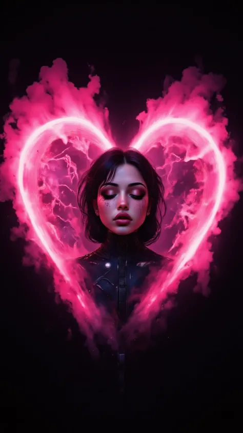 score_9,score_8_up,score_7_up, Jed-dblexpsre effect, double exposure, merged, (((masterpiece))), (((best quality))), Complex background, the background is an ethereal pink heart, with subtle flickers of firelight illuminating the swirling patterns,
BREAK
1...