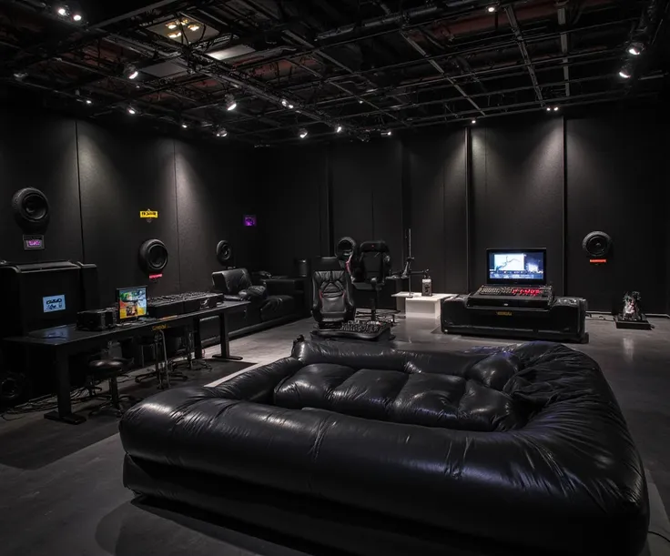 Full panoramic view of scene from below, RAW amateur selfie photo, high resolution, huge inflated sofa made of shiny black rubber, the texture of the sofa is very shiny and wet detailed, inside a room illuminated from below with a black Neon powerful, conc...