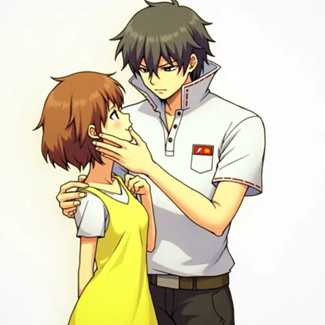 persona 4, persona art style, Yu Narukami wearing a Massive Popped Collar Polo with a collar so high it's taller than his head comforting his girlfriend holding up her face 