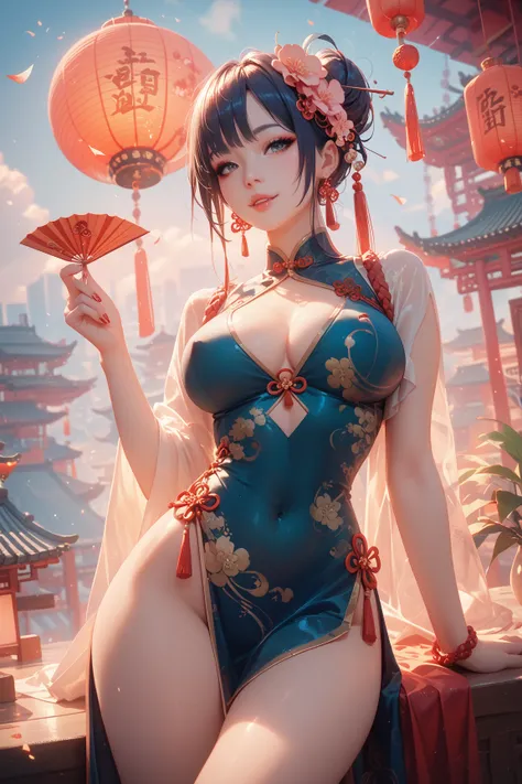 SeaArt....you are a very hot and sexy Chinese woman celebrating lunar new year in a futuristic city, wearing a very sexy Chinese dress,