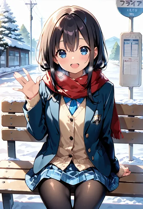 ((masterpiece, best quality, ultra detailed, high resolution, beautiful detailed face, beautiful detailed eyes, perfect hands)), (1 girl, solo), (black long hair), (cobalt blue eyes, clear eyes), (school uniform, winter uniform), (blazer, cardigan, skirt, ...