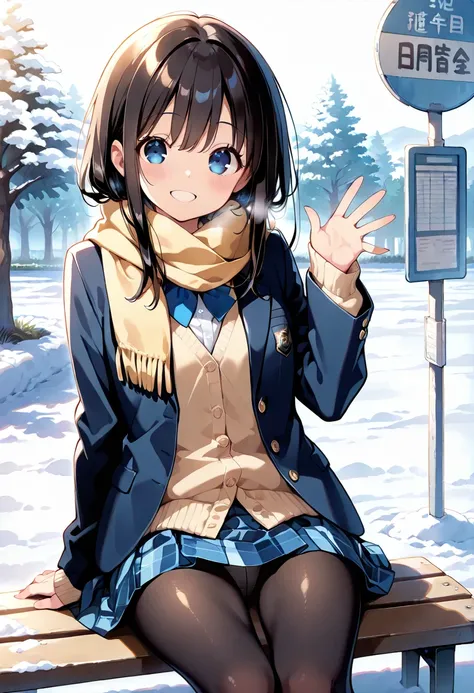 ((masterpiece, best quality, ultra detailed, high resolution, beautiful detailed face, beautiful detailed eyes, perfect hands)), (1 girl, solo), (black long hair), (cobalt blue eyes, clear eyes), (school uniform, winter uniform), (blazer, cardigan, skirt, ...