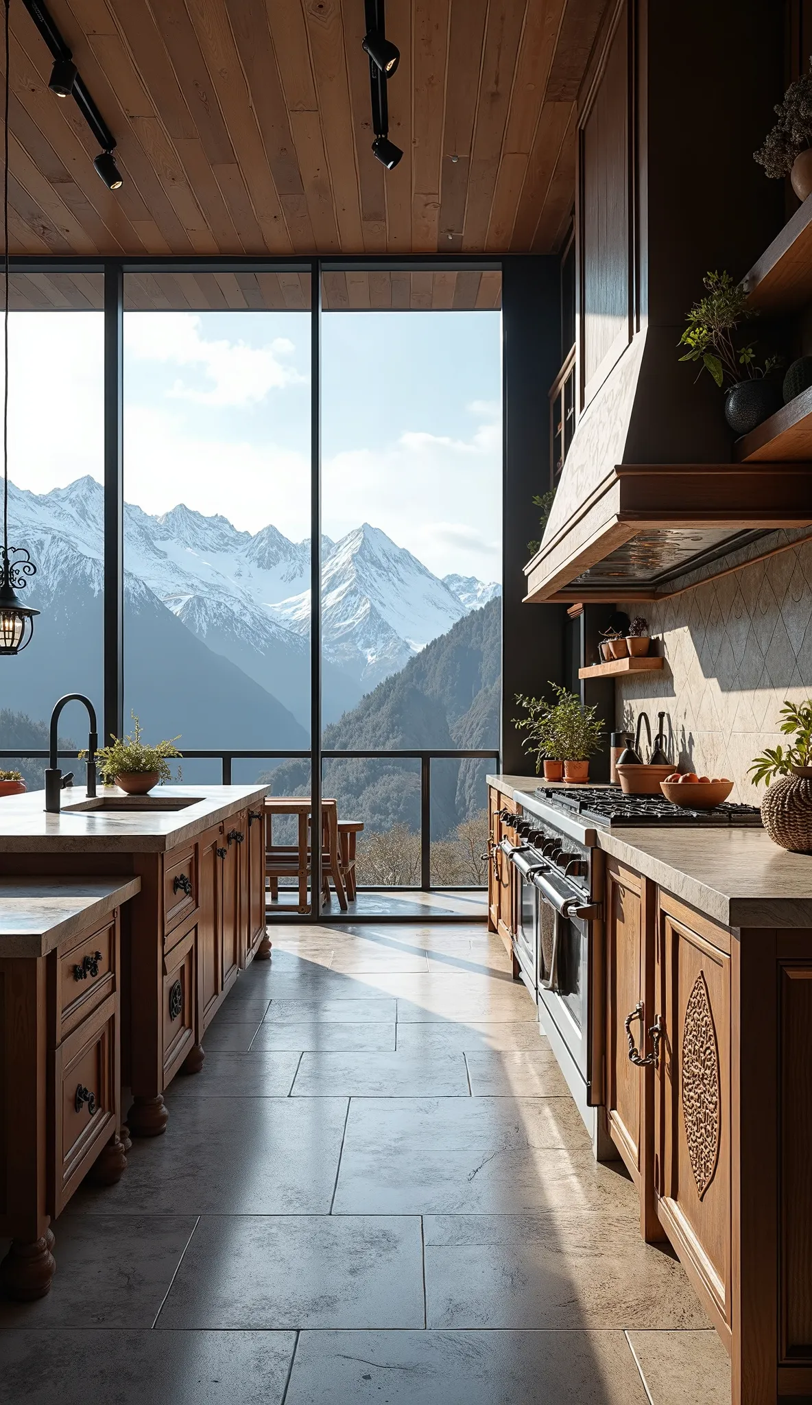 glass windows traditional and modern  kitchen with mountain range of Himalayas 