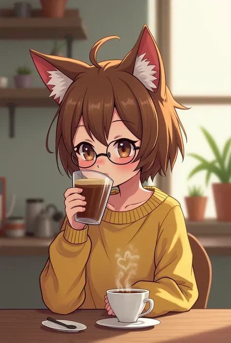 Cat girl with brown hair, kisses a glass of coffee in a yellow sweatshirt and glasses.  side view.