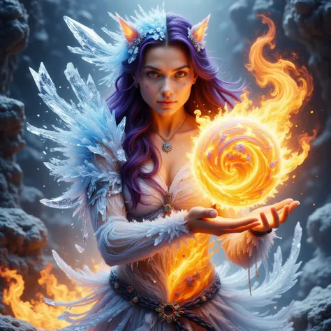 a girl with long dark purple hair ,  with an outstretched hand creates a sphere of ice and fire together you can see all well detailed and obsessive details ((((masterpiece))))