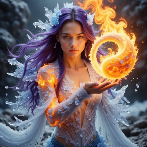 a girl with long dark purple hair ,  with an outstretched hand creates a sphere of ice and fire together you can see all well detailed and obsessive details ((((masterpiece))))