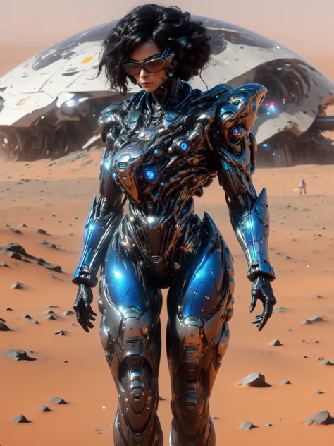 Female Human, Black Hair in a Bun with Blunt Bangs, Blue Eyes, Wearing Black Brimmed Rectangular Glassed, Tanned Skin, Large Breasts, Wide Hips, Thick Thighs, Long Legs, Wearing Form Fitting Advance Metallic Blue robotic Armor with Silver Accents, walking ...