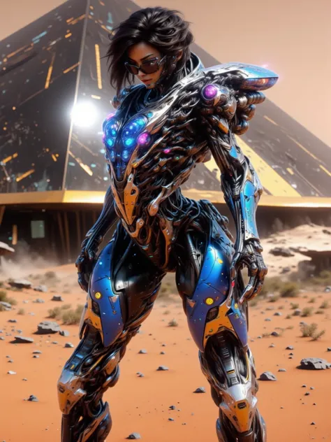 Female Human, Black Hair in a Bun with Blunt Bangs, Blue Eyes, Wearing Black Brimmed Rectangular Glassed, Tanned Skin, Large Breasts, Wide Hips, Thick Thighs, Long Legs, Wearing Form Fitting Advance Metallic Blue robotic Alien Armor with Silver Accents, wa...