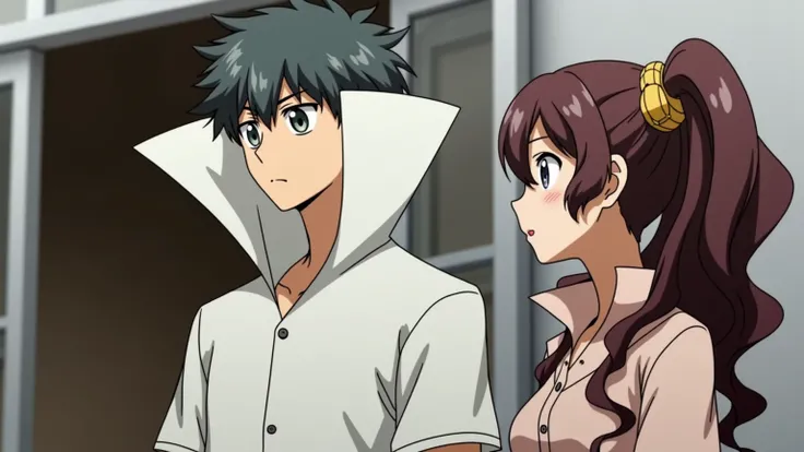 Anime Man wearing a Massive Popped Collar Polo with a collar so high it's taller than his head standing with girlfriend