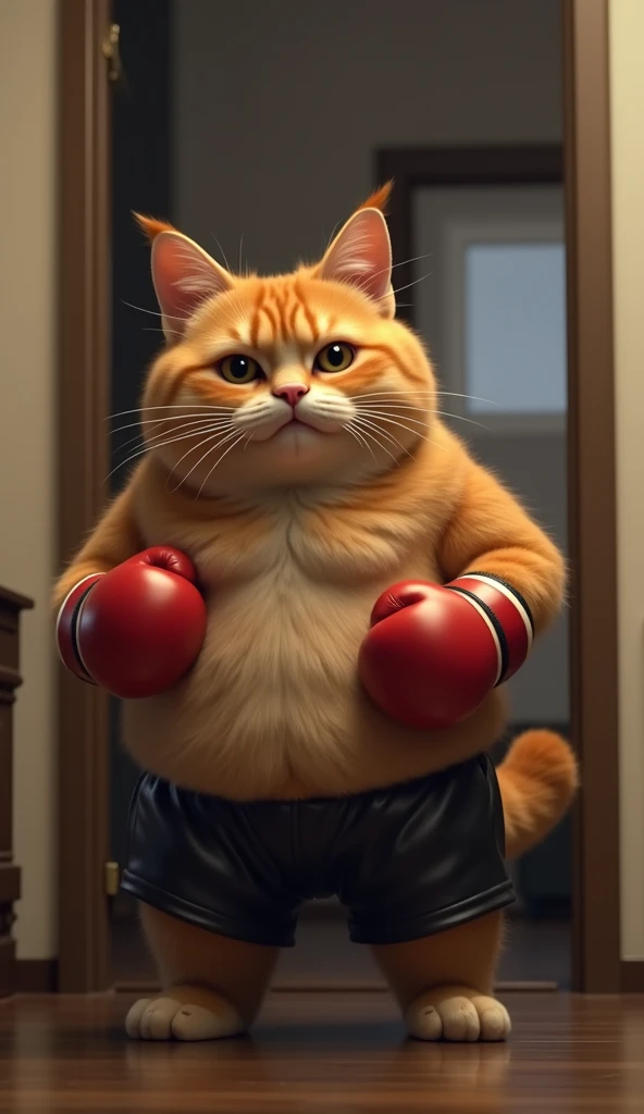 The realistic orange chubby cat, in black shorts, is wearing boxing gloves. 