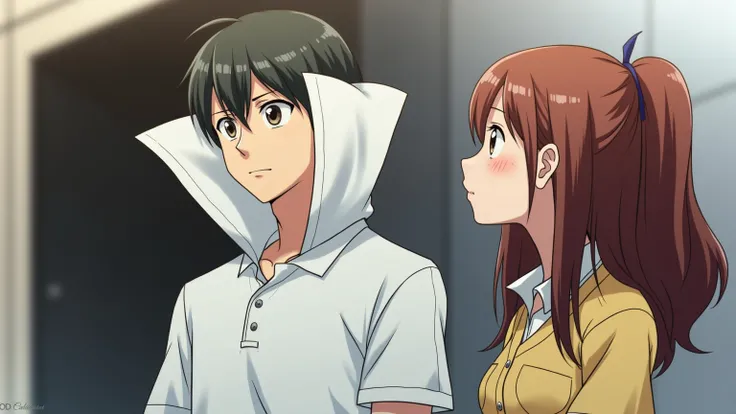 Anime Man wearing a Massive Popped Collar Polo with a collar so high it's taller than his head standing with girlfriend