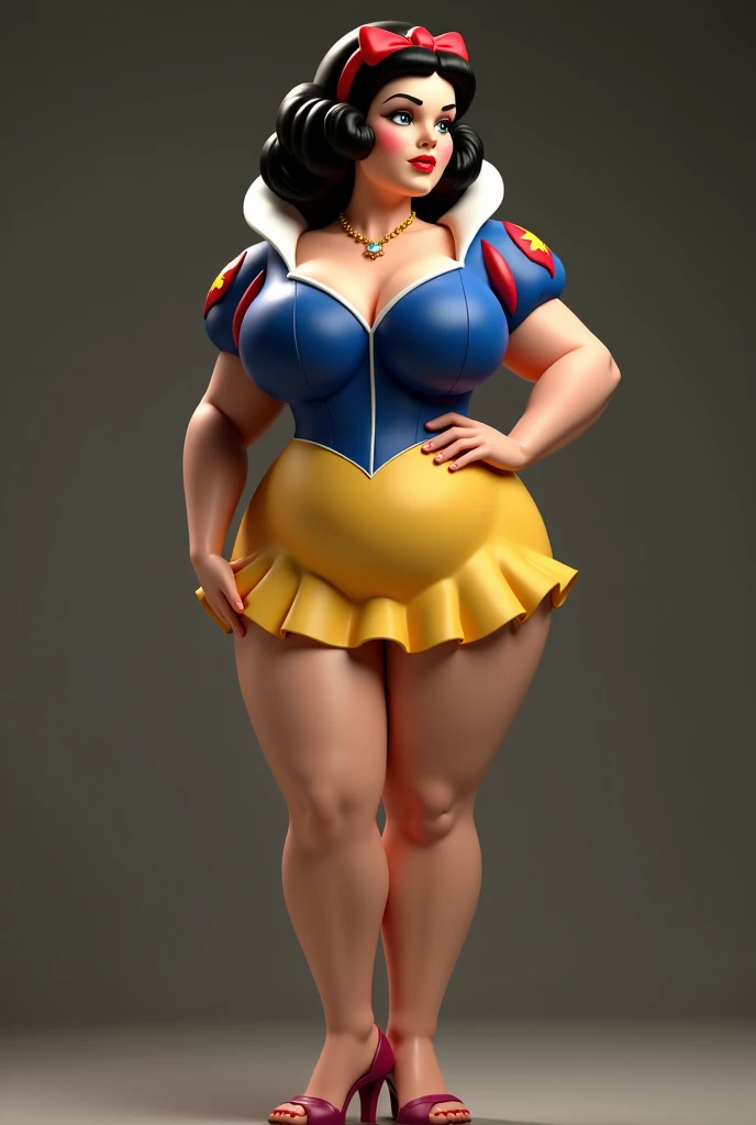 A very voluptuous Snow White, huge breasts, very small waist, huge hips, huge butt, wearing her classic dress but in mini size, without panties, jack o pose 