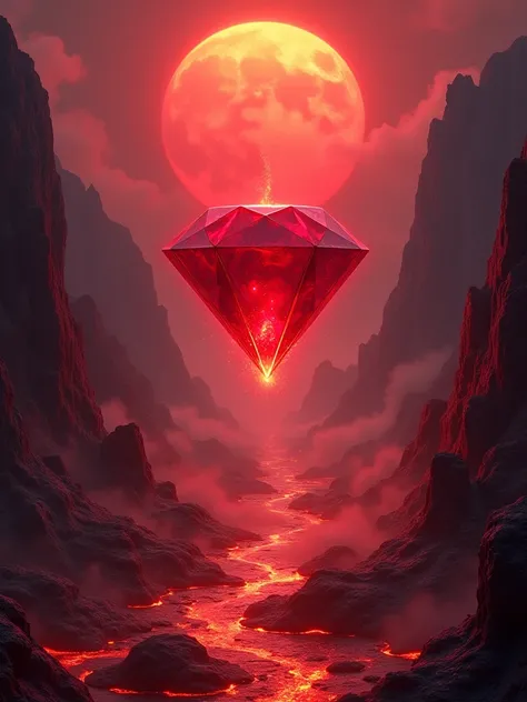 Red ruby floating fire lava rocks mountains red sun 