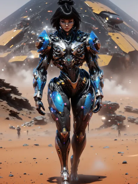 Female Human, Black Hair in a Bun with Blunt Bangs, Blue Eyes, Wearing Black Brimmed Rectangular Glassed, Tanned Skin, Large Breasts, Wide Hips, Thick Thighs, Long Legs, Wearing Form Fitting Advance Metallic Blue Liquid Metal Armor with Silver Accents, wal...