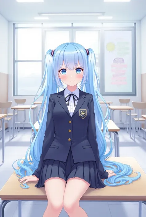 1 girl,  long light blue hair , Dark blue, sit in class, modern black school uniform, animated