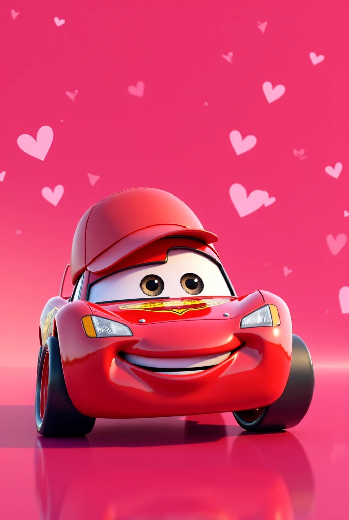 Auto Sally's character from the movie "cars" wearing a red cap ,  with eyelashes , very feminine and with a pink background full of hearts 