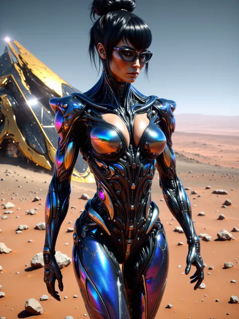 Female Human, Black Hair in a Bun with Blunt Bangs, Blue Eyes, Wearing Black Brimmed Rectangular Glassed, Tanned Skin, Large Breasts, Wide Hips, Thick Thighs, Long Legs, Wearing Form Fitting Advance Metallic Blue Liquid Metal Armor with Silver Accents, wal...